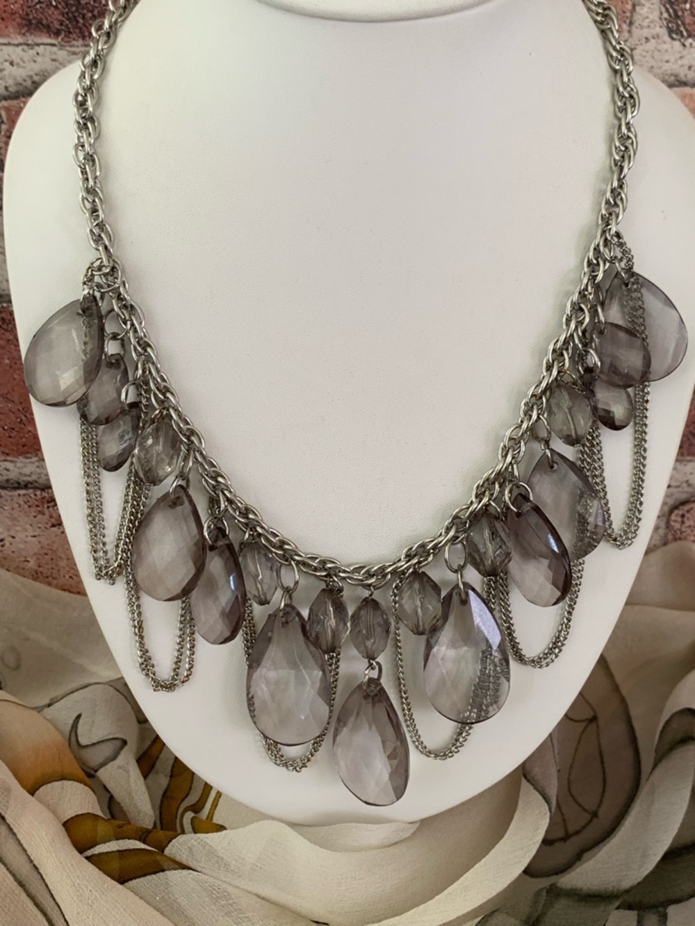Silver-Tone Smoky Teardrop Statement Necklace